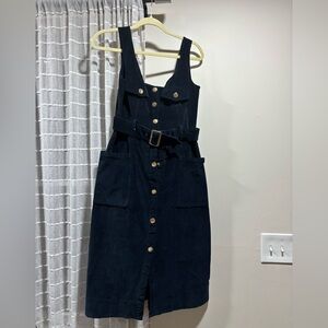 Anthropologie MAEVE Midnight Corduroy Midi Jumper - Rose Gold Metal Detail